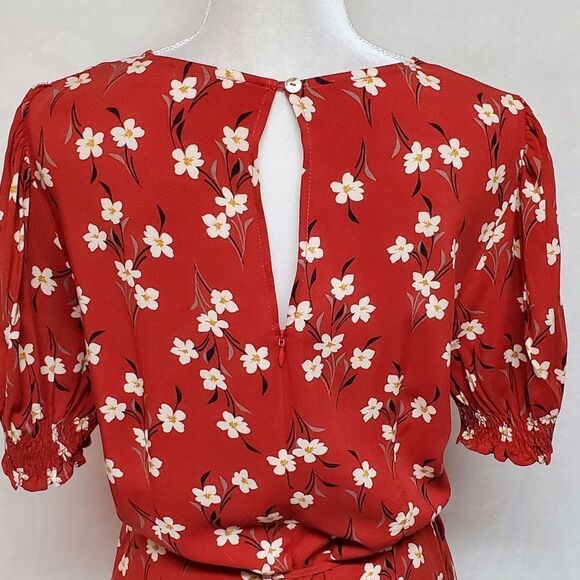 VINTAGE Red White Floral Boho Smocked Sleeve Keyhole Belted Maxi Dress Large - Picture 10 of 12